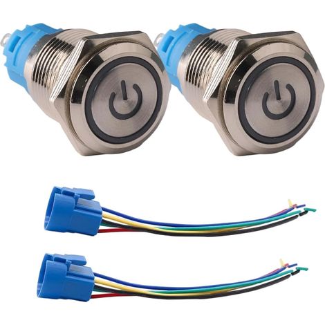 2 Pièces 220V 3A Interrupteur à Bouton Poussoir, 16 mm Bouton Poussoir Lumineux, Étanche avec LED Bleu Intégrée, Contact NO NC, IP65, avec Douille de Connexion, pour Usage Industriel (1/5)