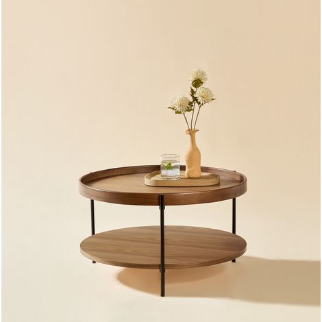 Table basse ronde 69x69x38 cm, noyer, double plateau, bois et métal, MEUBLIV (1/5)