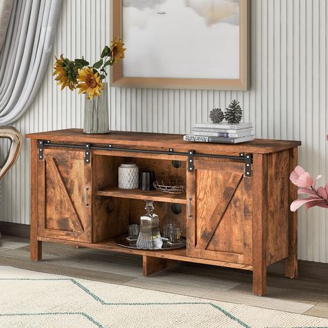 Modern TV unit, entertainment center console, TV cabinet with sliding door and media entertainment center console table, UK only (brown) (1/5)