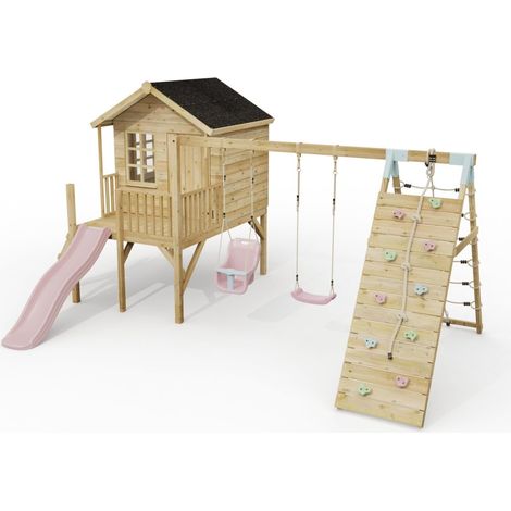ClassicPlay Premium 5ft Playhouse on Deck with Double Swing, Slide and Climbing Wall Dusky Pink (1/5)