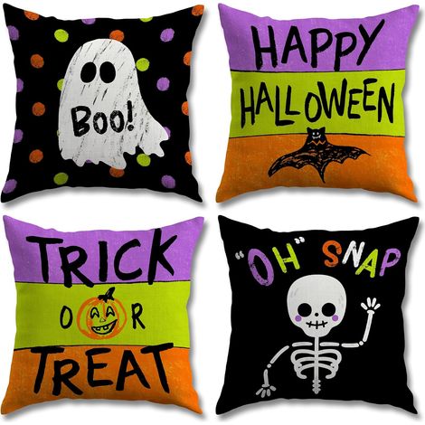 Fundas de cojín decorativas de Halloween de 45 x 45 cm (juego de 4). Decoraciones de Halloween bonitas y espeluznantes, estilo rústico, para la sala de estar. (1/4)