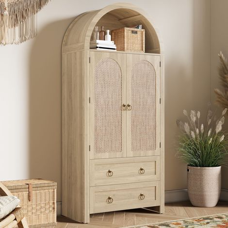 Buffet Armoire Bibliothèque Design Arche - Vitrine Vintage avec Portes en Cannage de Rotin, 2 Tiroirs et Crochets Latéraux, Salon Chambre - 80x40x180cm - Chêne (1/5)