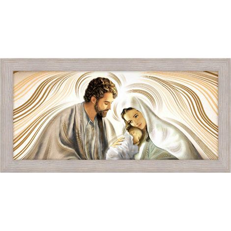 Lupia - Quadro moderno Sacra Famiglia, per soggiorno camera da letto cornice BOSTON BEIGE, 50x100 cm, NATIVITY BROWN