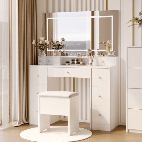 Coiffeuse avec Tabouret et Miroir LED Tactile Réglable,9 Tiroirs,Grande Rangement,Meuble de Maquillage Blanc Moderne,110x40x150 cm