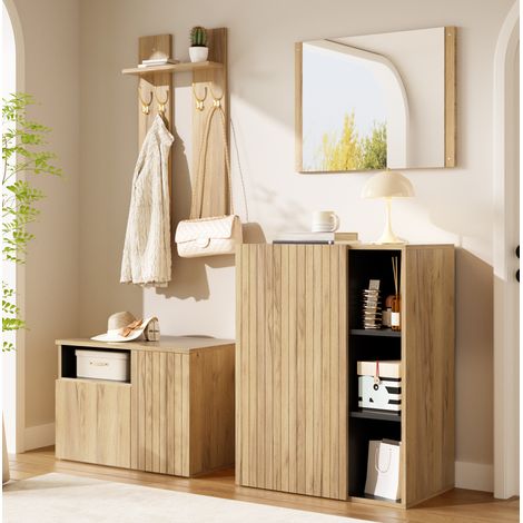 Ensemble meuble d’entrée 4-en-1 avec miroir, meuble à chaussures, patères et banc, rangement modulable en bois clair et noir, étagères réglables - CHICFURN (1/5)