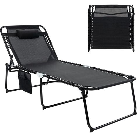 COSTWAY Chaise Longue Pliante, Bain de Soleil, Appuie-tête Amovible, Porte-revue Latéral, Dossier Réglable à 4 Positions, Cadre en Acier, Transat Jardin Exterieur, Charge 150 KG (188 x 69 cm,Noir) (1/5)