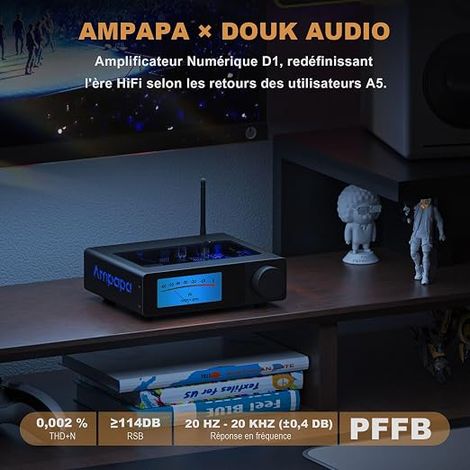 Amplificateur Bluetooth: Ampli Stéréo avec BT 5.2 HPF VU Mètre Numérique Sous-sortie Entrée TRS équilibrée Contrôle de Tonalité et Télécommande pour Home Cinéma et Système D'étagère (1/4)