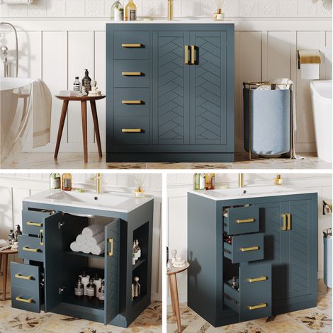 meuble sous-vasque avec 3 tiroirs et side étagère, bleu, meuble de salle de bains avec ample rangement space, fermeture (1/5)