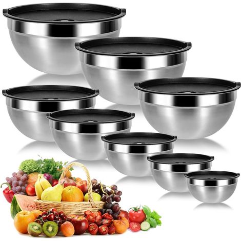 8 Bol Inox avec Couvercle, Acier Inoxydable, Empilable, Gain de Place, Cuisine, Préparation Repas (1/5)