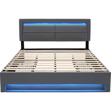 Letto imbottito 140 x 200 cm in PU grigio con USB, LED e 4 cassetti, senza materasso (1/5)