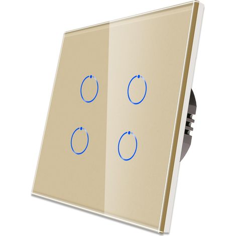 Interrupteur tactile encastré - Interrupteur mural quadruple en or - Surface haptique - Interrupteur tactile avec panneau en verre et LED d'état - 500W/fonction (1/5)