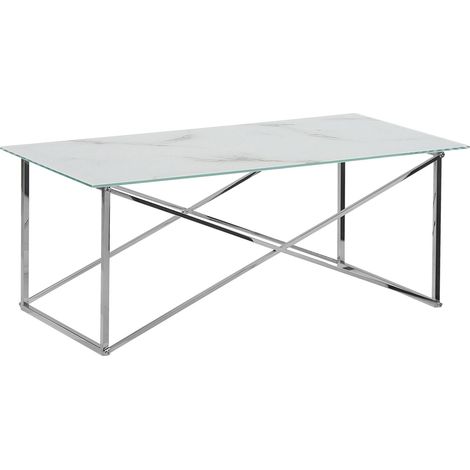 Mesa de centro rectangular tablero de vidrio templado con efecto mármol blanco patas plateadas base de acero inoxidable 100 x 50 cm glam Emporia