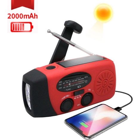 Radio emergencia OIMG, Radio portátil, Power Bank 2000 mAh, Radio batería recargable emergencias, solar, Solar, Power Bank, Portátil, Negro (1/5)