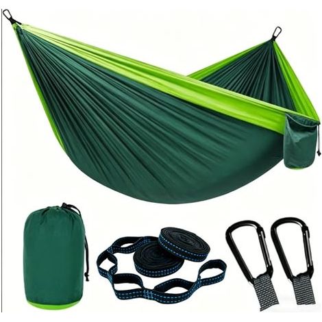 Hamac de camping d'extérieur - Hamac parachute portable super léger avec deux sangles d'arbre - En nylon - Arbre de voyage (vert foncé, 280 x 140 cm) (1/5)