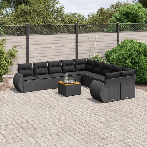 11-tlg. Garten-Sofagarnitur mit Kissen Schwarz Poly Rattan (1/5)