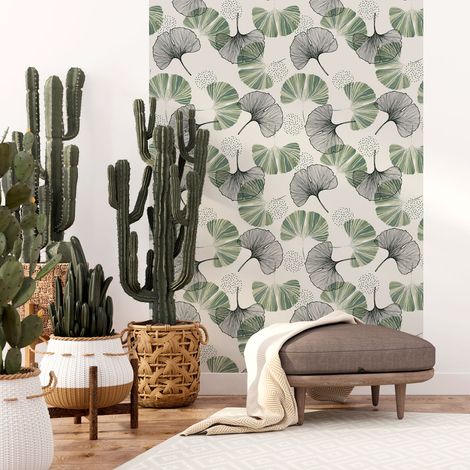 Papier peint intissé pré-encollé - FEUILLES DE GINKGO GRIS VERT - 1 rouleau de 300x60cm (1/5)