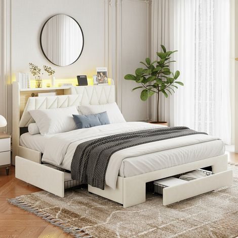 Letto matrimoniale 160x200 cm in velluto beige con 3 cassetti portaoggetti, illuminazione a LED e prese europee (1/5)