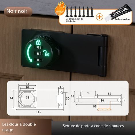 Serrure à combinaison sans clé, loquet à 3 chiffres avec mot de passe, bouton rotatif pour portes, armoires, tiroirs, portes de grange, salle de bain, extérieur, placard, clôture, alliage de zinc dura (1/4)