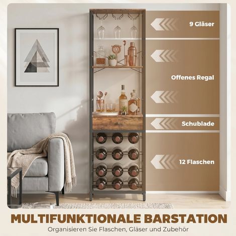 Armoire bar industrielle avec tiroir, rangement à vin pour 12 bouteilles, porte-verres, bois rustique brun. (1/5)