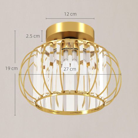 Plafonnier cage LED moderne et minimaliste avec 18 cristaux, en métal doré, Ø27x19 cm (1/5)