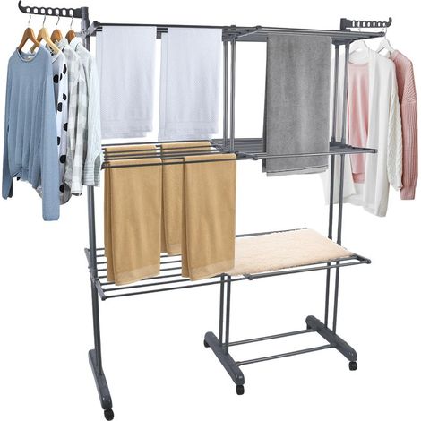 Étendoir à linge extensible et compact, 75-132x49x170cm, avec ailes repliables, perche télescopique et 6 roulettes (1/5)