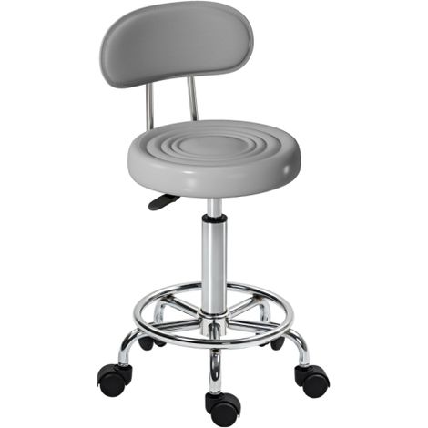 Tabouret à roulettes, pivotant et réglable avec dossier, revêtement en similicuir, repose-pieds, pour coiffeuse – Gris (1/3)