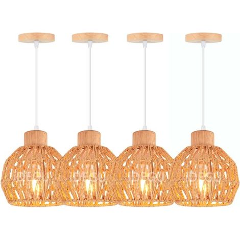 Lot de 4 Rétro Lampe Suspension Cage E27 Lustre Luminaire Abat-jour en Rotin Brun Plafonnier Industriel pour Salon Chambre (1/5)
