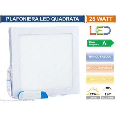 PLAFONIERA PANNELLO LED 25W QUADRATA A MONTAGGIO SUPERFICIALE 3000K - 4000K - 6500K - Colore Luce: Bianco Naturale