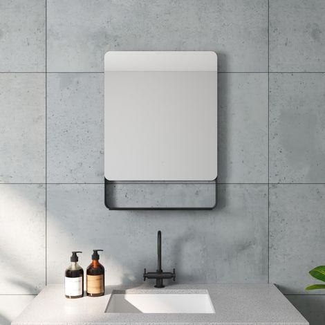 AQUABATOS® Badezimmerspiegel Wandspiegel 50x70 cm mit Ablage Schwarz matt Badspiegel ohne Beleuchtung Hängespiegel Moderne Wohnzimmerspiegel Rechteckige Dekospiegel Aluminium Rahmen (1/5)