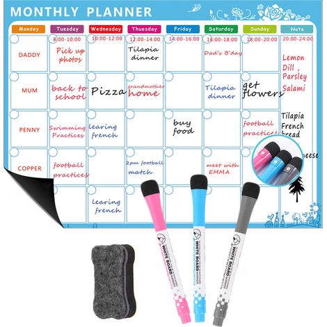 Tableau blanc aimanté calendrier effaçable au sec magnétique frigo flexible planning hebdomadaire mensuel organisateur tâches à faire bloc-notes set A3 42x30cm avec 3 stylos 1 gomme (1/3)