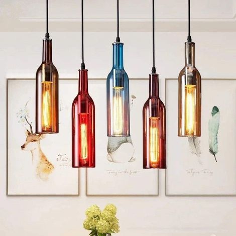 5-Lumière Créative Bouteille De Vin En Verre Coloré Pendentif Lumière Personnalité Restaurant Suspension Luminaire Loft Industriel Café Bar Plafond Luminaires Décoration Lustre Vintage Avec E27 Fit (1/5)