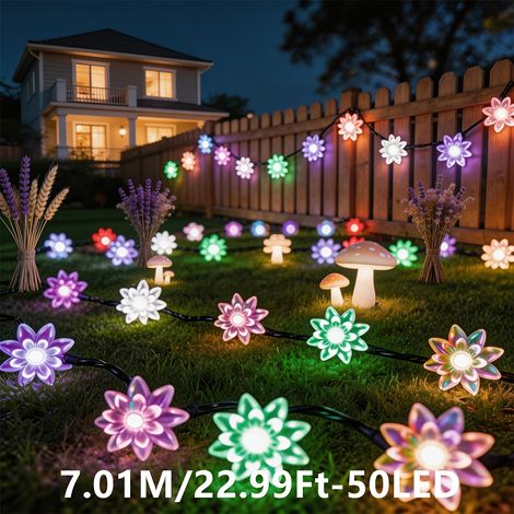Guirlande lumineuse solaire double couche en forme de lotus, 50 perles LED, guirlande lumineuse décorative solaire d'extérieur. (1/5)