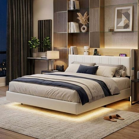 Creahappy Cadre de Lit Flottant 140x190 cm avec LED et Prises USB - Lit Double Capitonne avec Rangement Tete de Lit - Blanc et Chene (1/5)