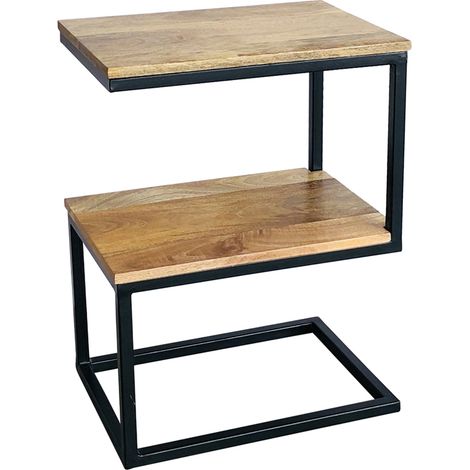 Ravi Iron Base ' S ' Shape Side Table - Mango Wood - L30 x W45 x H60 cm - Mango Light Finish