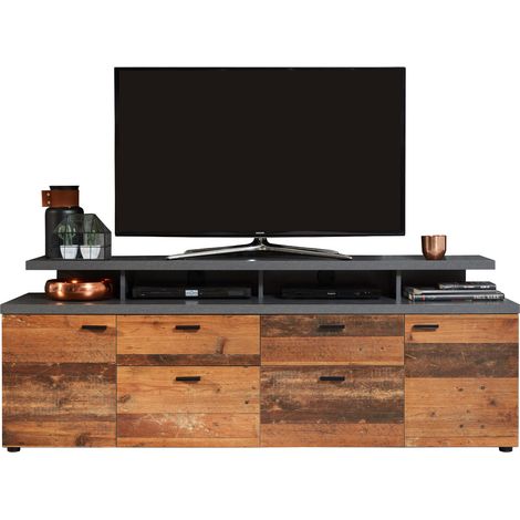 Mood TV Möbel 2 Türen, 2 Schubladen, 4 Offene Fächer, 2 Klappen Eiche Dekor, Old Wood Dekor.