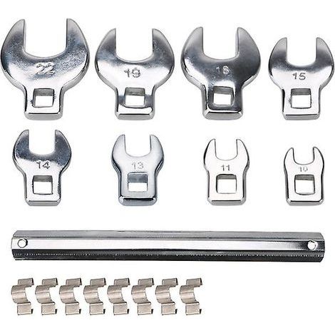 Coffret de clés Crowfoot 8 pièces 10 à 22 mm – Acier au carbone chromé – Tête interchangeable pour cliquet 3/8 pouce – Pour espaces restreints
