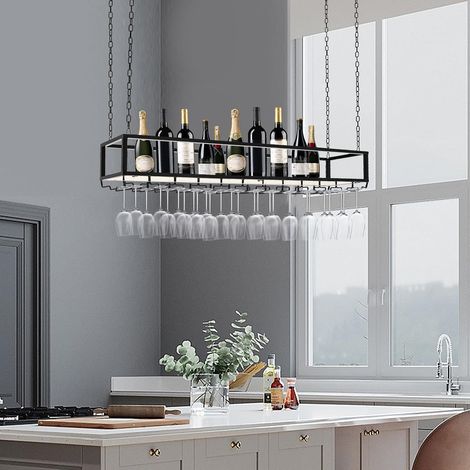 Industrial Vintage Bar schwimmende Regal 120x25cm Schwarz Bar schwimmende Regale für Wand Decke montiert hängenden Weinflaschenhalter Regal Champagner Glas Rack (1/5)