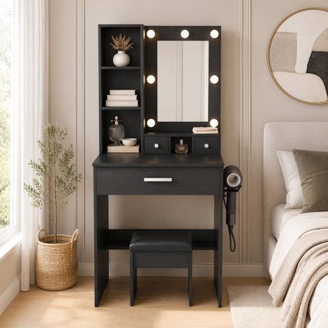 Tocador in MDF nero con specchio, illuminazione LED regolabile, cassetti e sgabello (1/5)