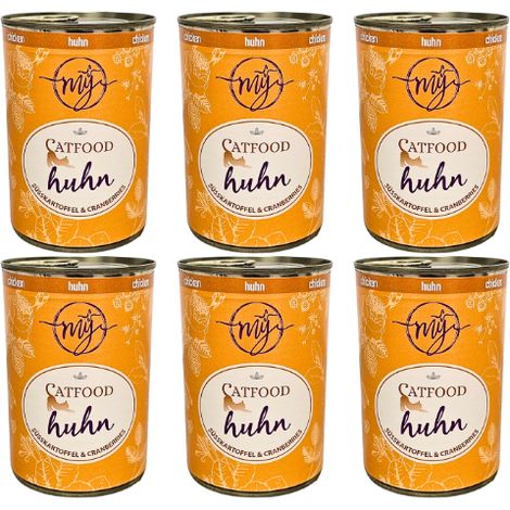 6 x Poulet aux canneberges et à l'herbe à chat Aliment mono-protéiné pour chat Boîte sans BPA My Catfood 400 g