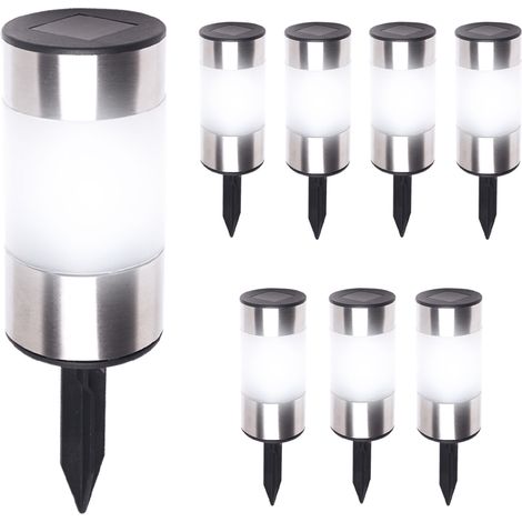 Idmarket – Lot de 8 bornes solaires inox 2 en 1 – Dimensions 21,5 x 6,3 cm – Détecteur crépusculaire – Installation sans câbles
