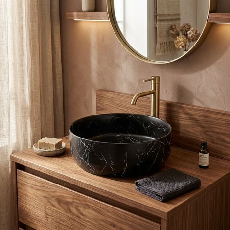Vasque à poser ronde en céramique diamètre 39 cm - effet marbre noir mat - sans trop-plein - SAT Infinitio (1/5)