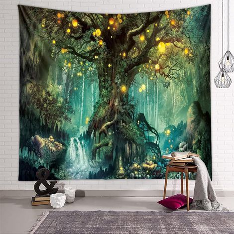 Tenture murale Arbre de Vie 70,8x90 pouces, tapisserie psychédélique cascade sous arbre ancien, décoration féerique chambre salon, couverture murale (1/5)