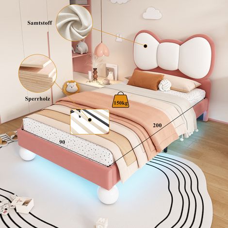 Letto Bambino 90×200 cm, Letto Singolo con LED Regolabile e Testiera a Fiocco, senza Materasso, in Velluto, Rosa (1/5)