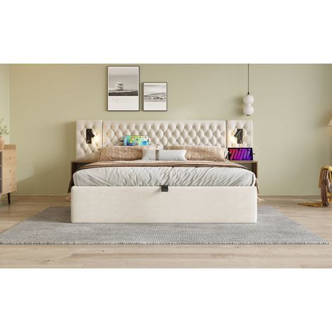 Cama con almacenamiento tapizada en terciopelo beige 160x200 cm, con 2 mesitas, luces LED, USB/Type-C, somier y colchón (1/5)