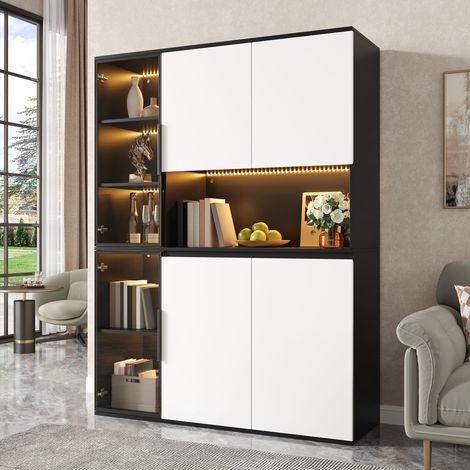 Armario Alto con 3 Puertas y Estantes, LED Integrada, Salón, 120×40×160 cm, MDF, Blanco y Negro (1/5)
