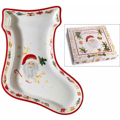 Piatti di Natale in ceramica a forma di calza stivaletto natalizio con decorazioni dolcetti, set da 2 pezzi, cm 20 x 26 H