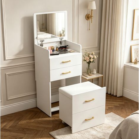 Tocador con espejo abatible 3 en 1 blanco con taburete acolchado, 2 cajones y tapa de vidrio, mesa de maquillaje y mesita auxiliar para dormitorio – CHICFURN (1/5)