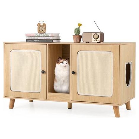 Costway – Meuble bac à litière pour chat 108 x 50 x 60 cm – Double compartiments – 2 griffoirs en sisal – Planche à gratter – Naturel