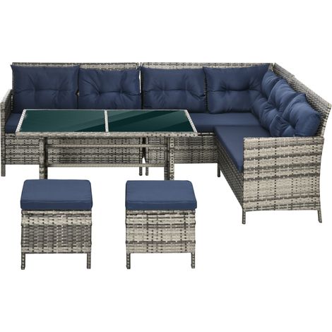 7Seater Patio wicker Sofa Set Rattan Chair Furniture w/ Glass & Cushioned, Dark Blue (1/5)