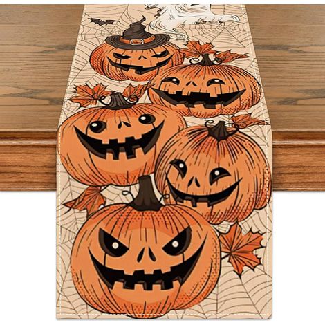 Chemin de table d'Halloween avec citrouilles et décorations de fête 183 x 33 cm Nappe mignonne avec citrouilles et fantômes pour Halloween (1/5)